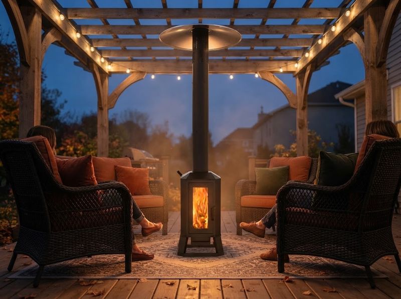 Hand pouring wood pellets into the hopper of the HEATAK CSL500 Wood Pellet Patio Heater